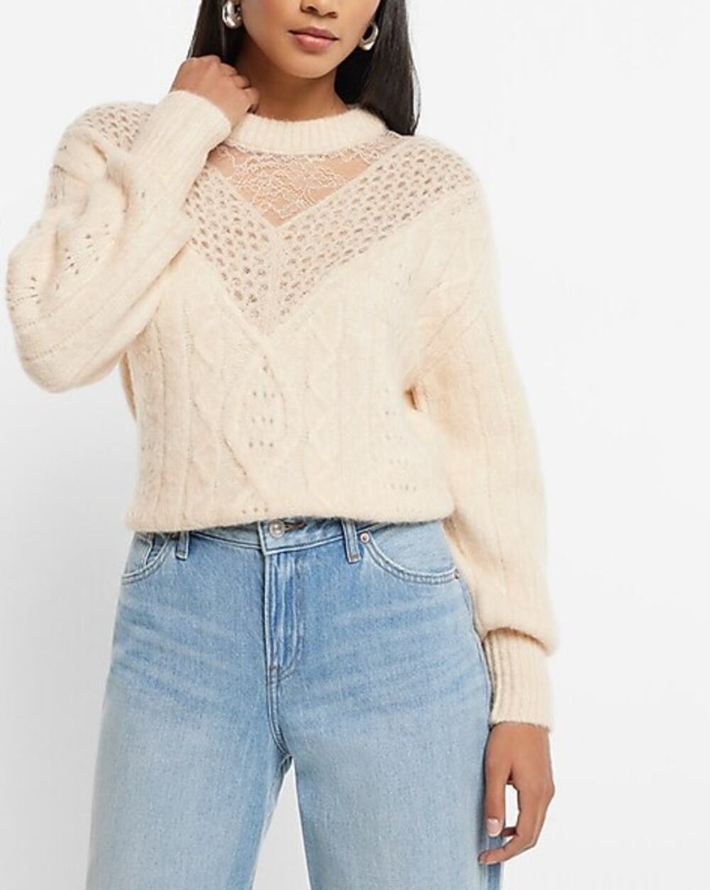 EXPRESS Cable Knit Lace Sweater NWT Cream Crew Neck Long Sleeve Women's XS